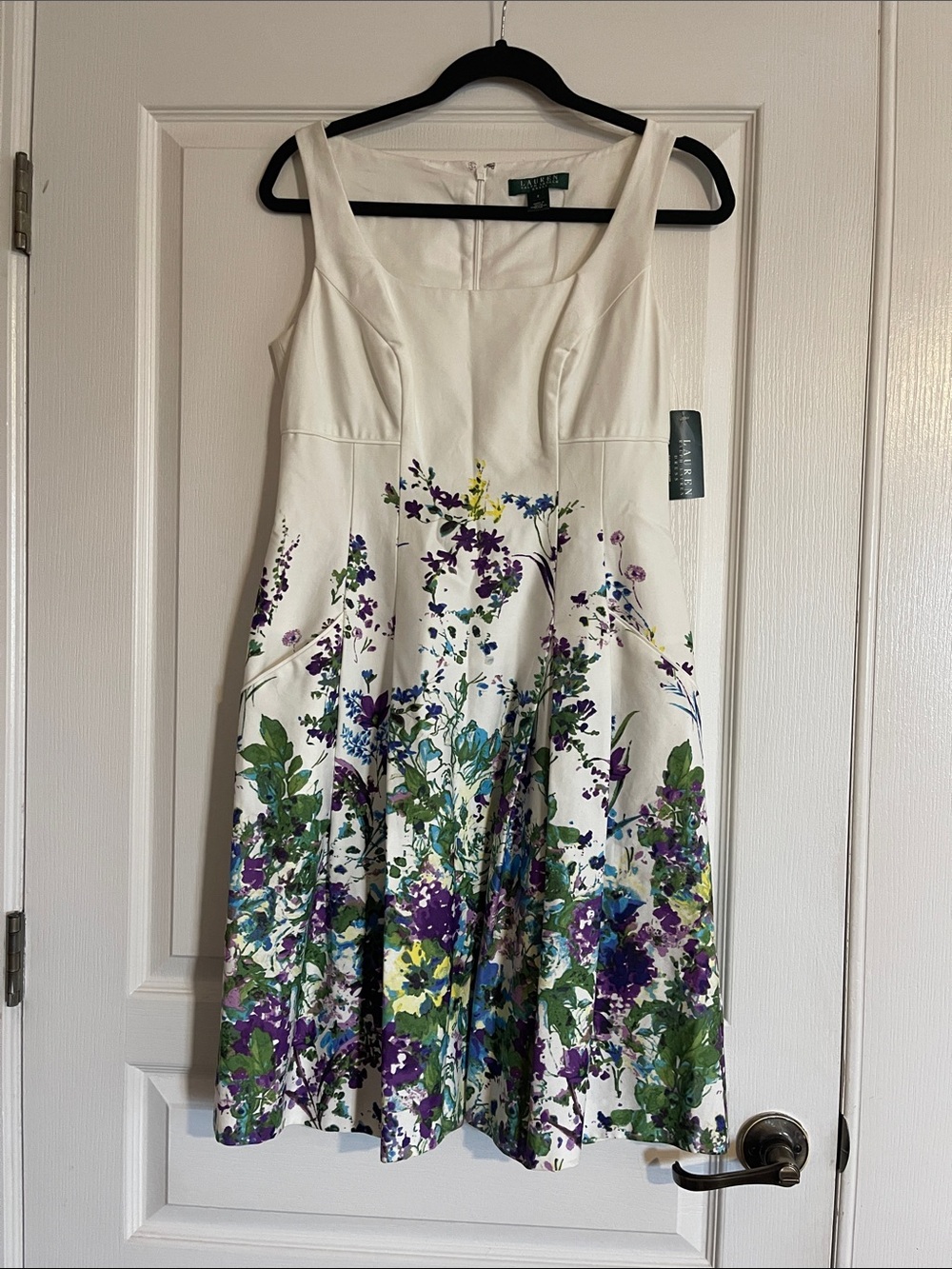 New Ralph Lauren White Floral Midi Dress with Purple & Green Print